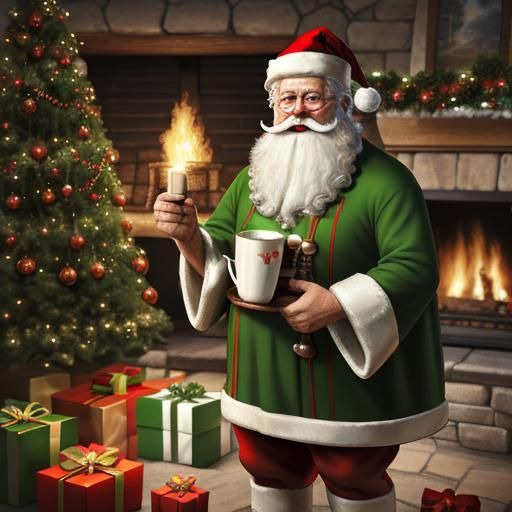Festive Green Santa Claus by Fireplace