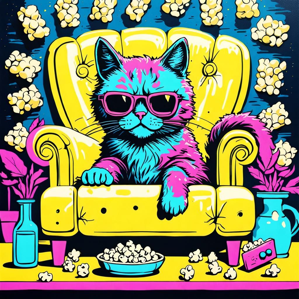 Stoned Cat on Couch: Impasto Blacklight Painting