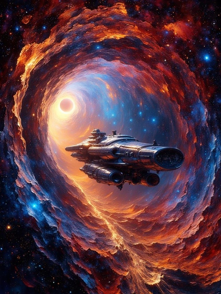 Spaceship Exits Vibrant Wormhole in Golden Light