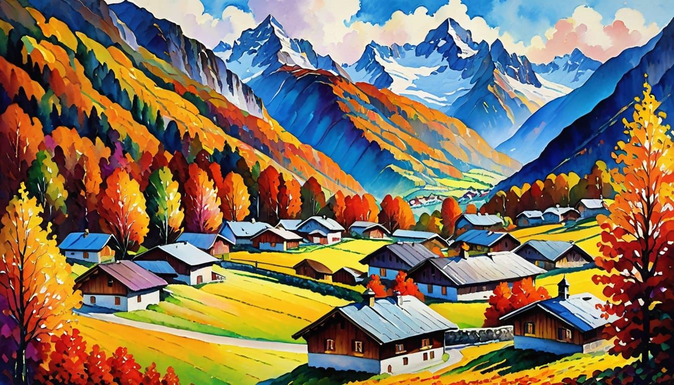 Vivid Watercolor of Swiss Alps in Autumn Neo-Impressionist S...