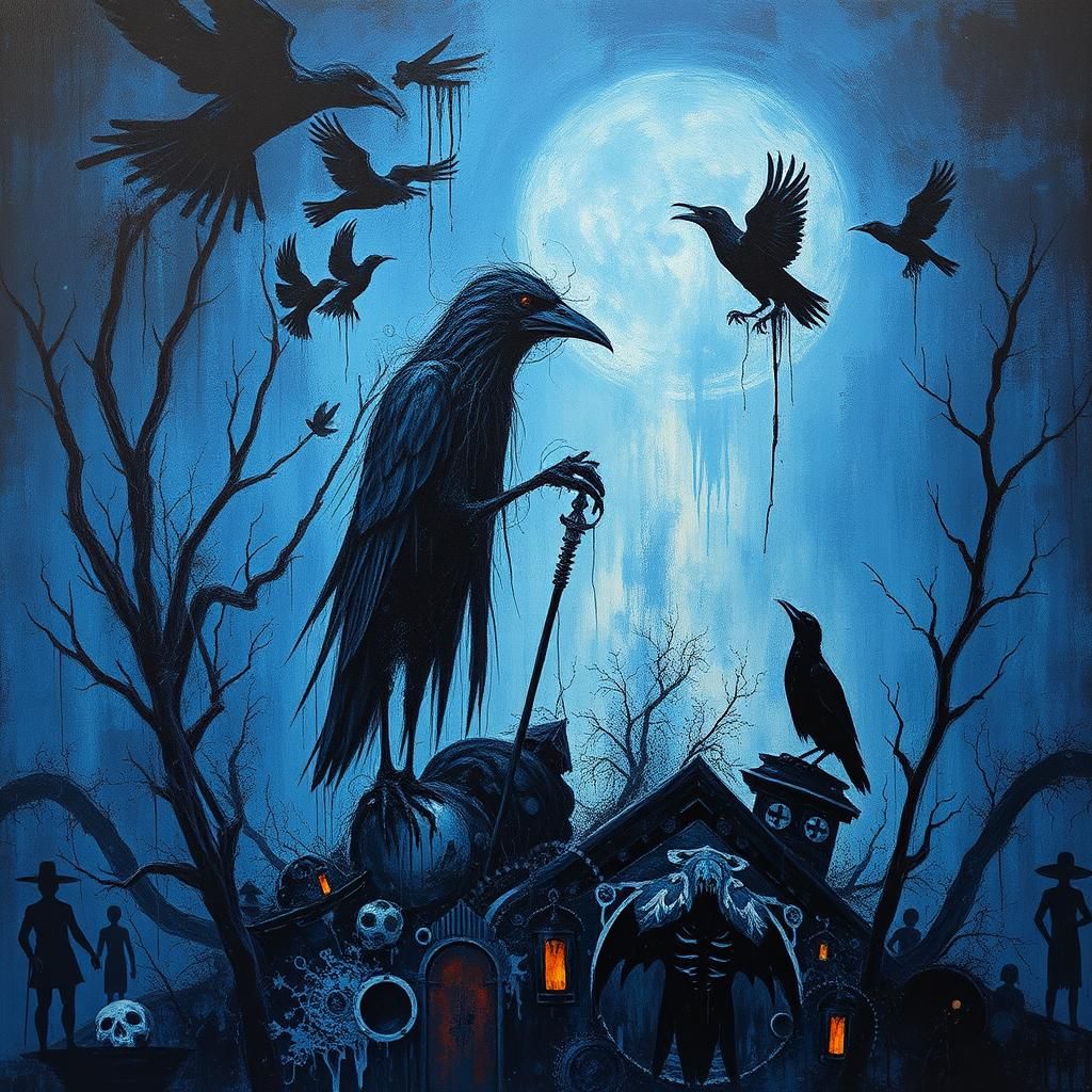 Eerie Scarecrow and Ravens in Dystopian Art Deco Style