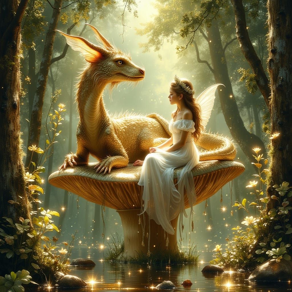 Mystical Dragon and Elf Girl in Enchanted Forest