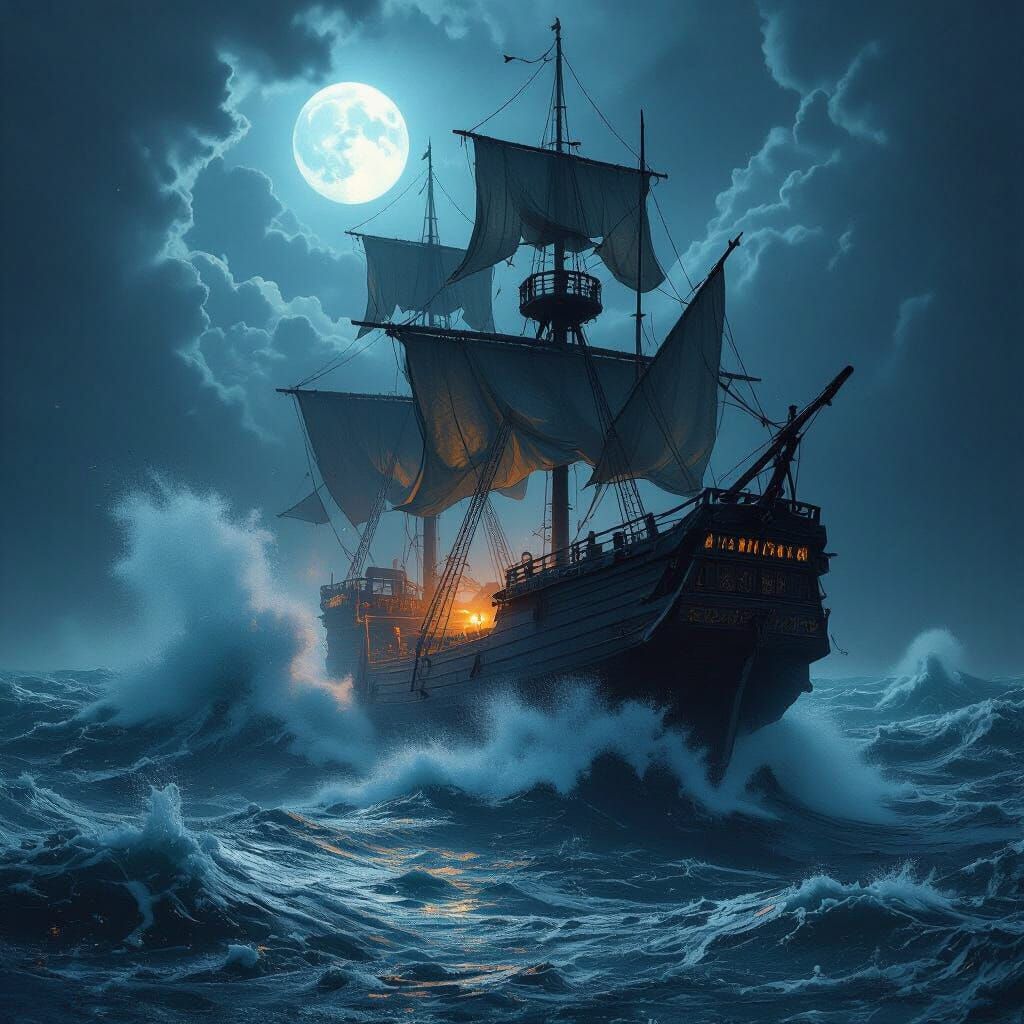 Mystical Pirate Ship Battling Giant Waves