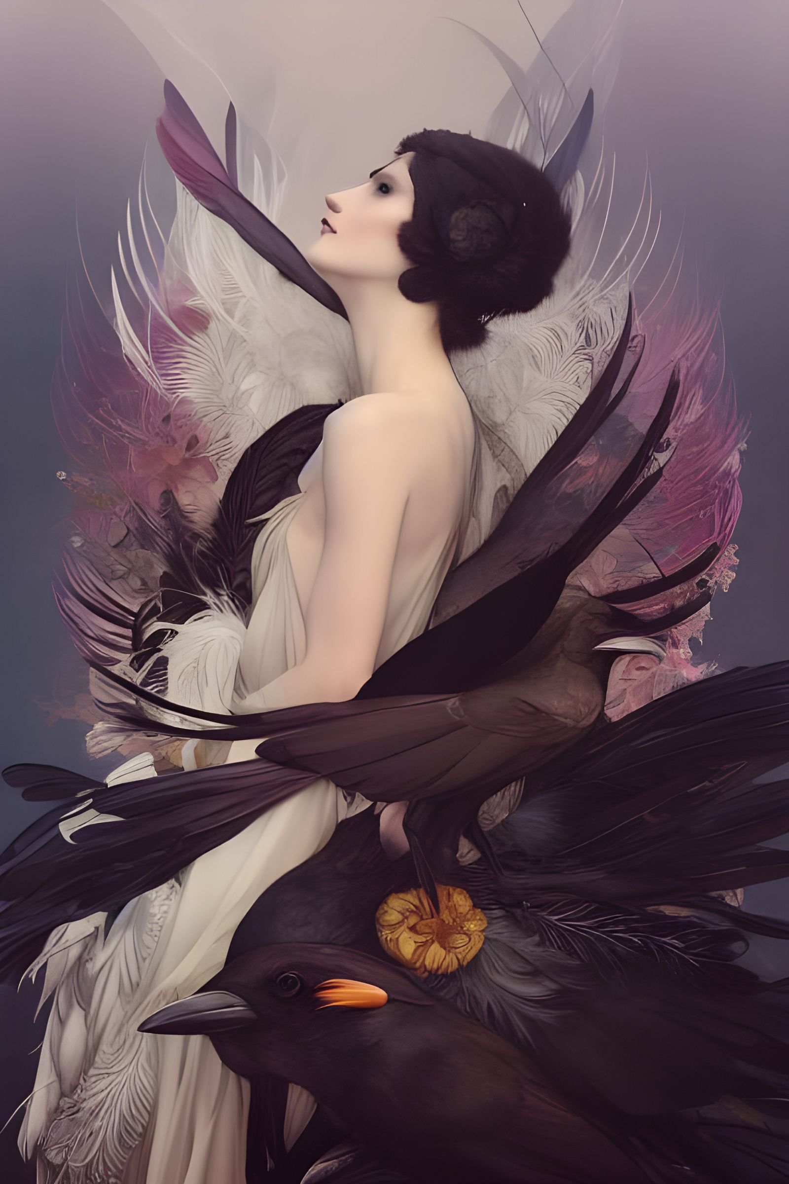 Goddess Surrounded by Crows in Art Nouveau Style