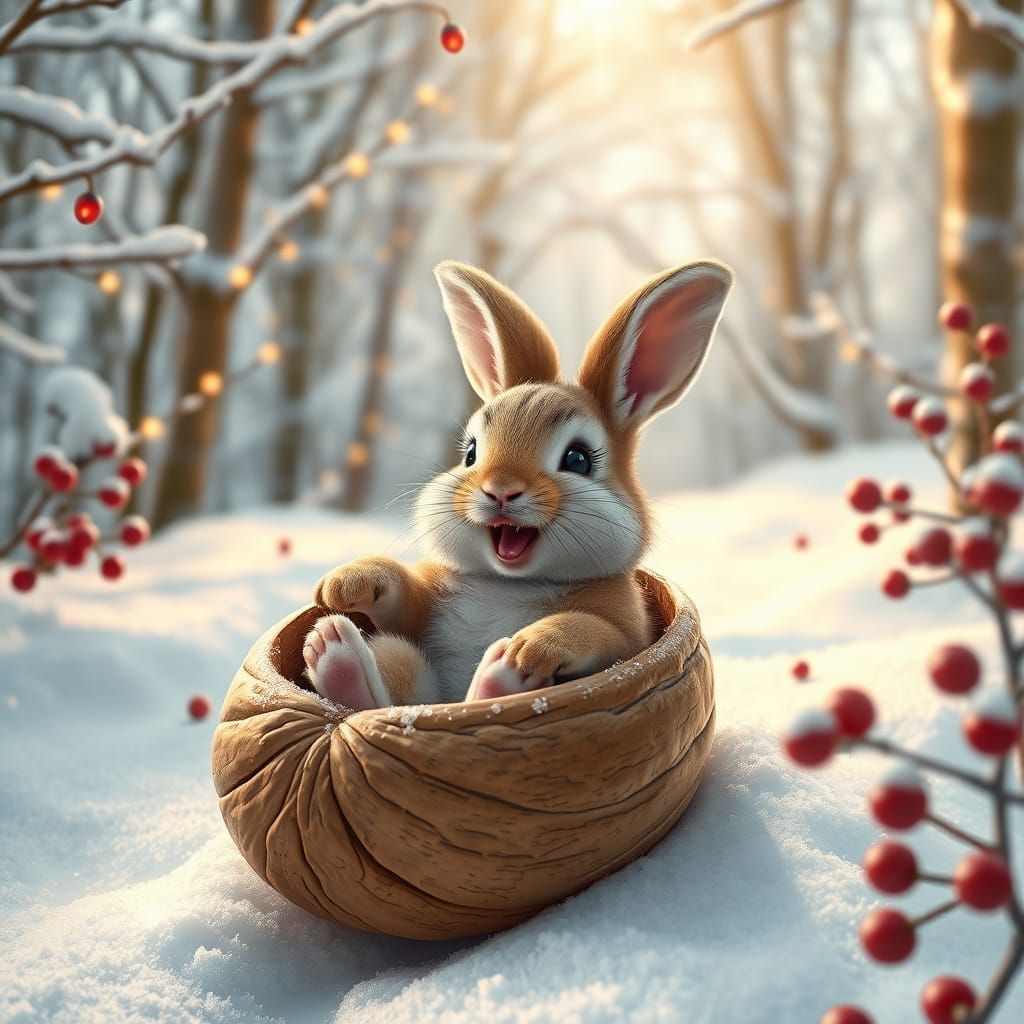 Joyful Baby Bunny Slides Down Snowy Hill in Walnut Shell Won...