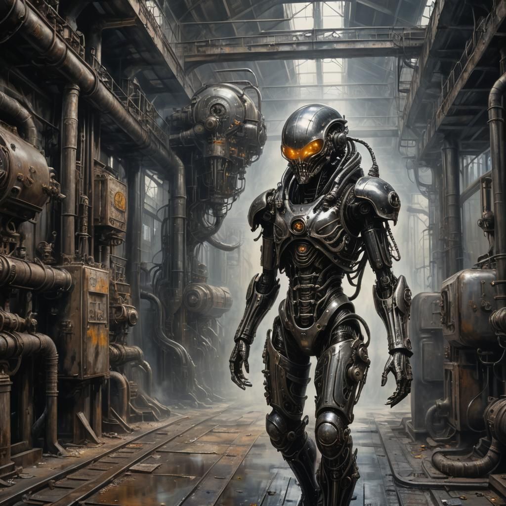 Dieselpunk Alien Cyborg in Ruined Factory