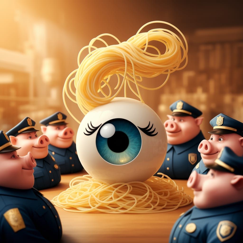 Whimsical Cartoon Spaghetti Surrounded by Curious Pig Police