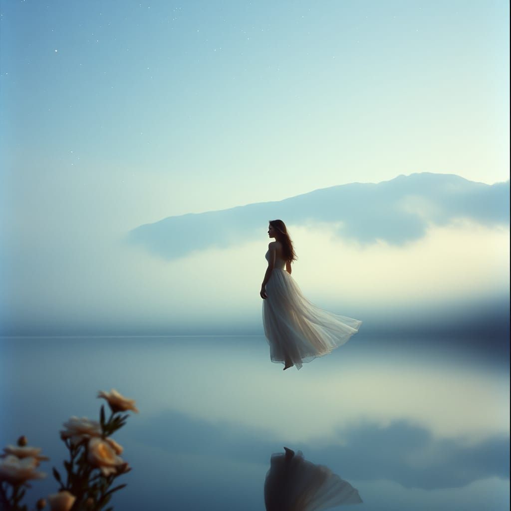 Ethereal Lake Scene with Ghostly Figure and Dreamlike Atmosp...