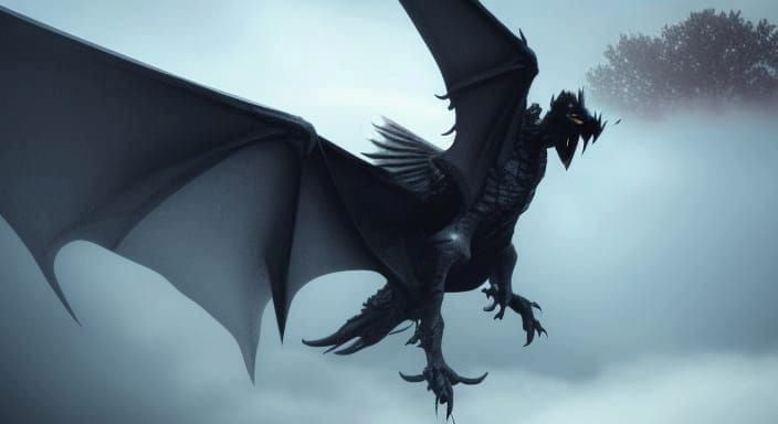 Ominous Dragon in Fog: Dark Fantasy Art