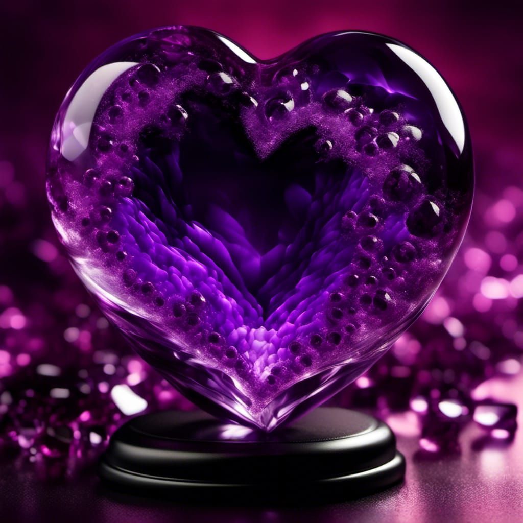 Purple Smoke in Crystal Heart: Hyperrealistic Close-Up