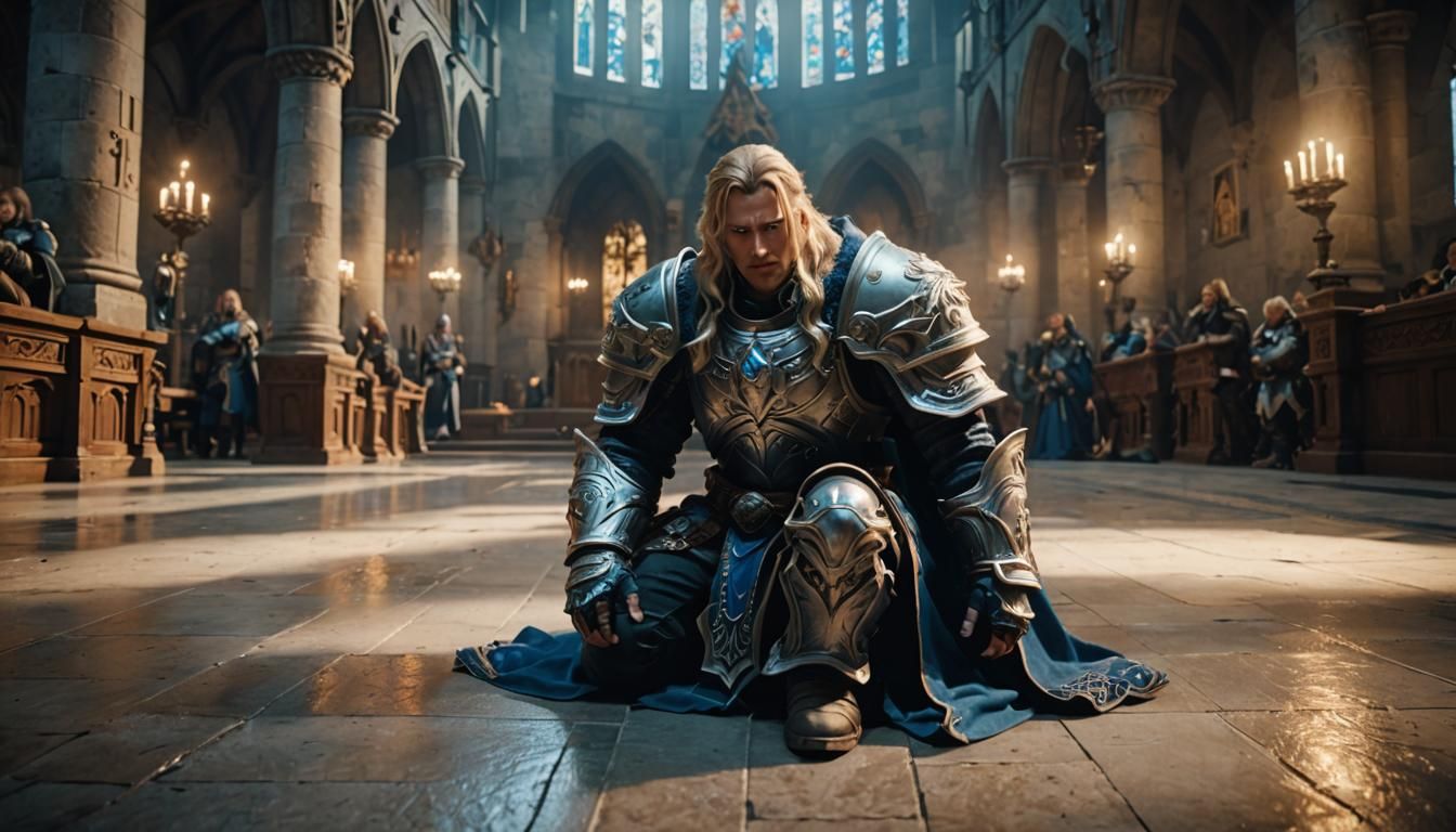 Paladin Praying in Church: Cinematic Film Still