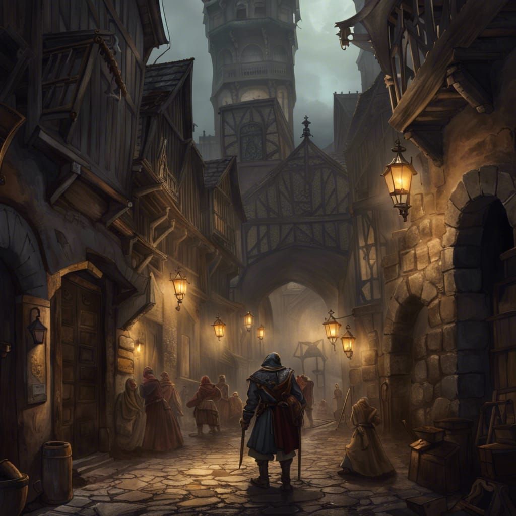 Medieval Town Gate with City Guards and Merchants