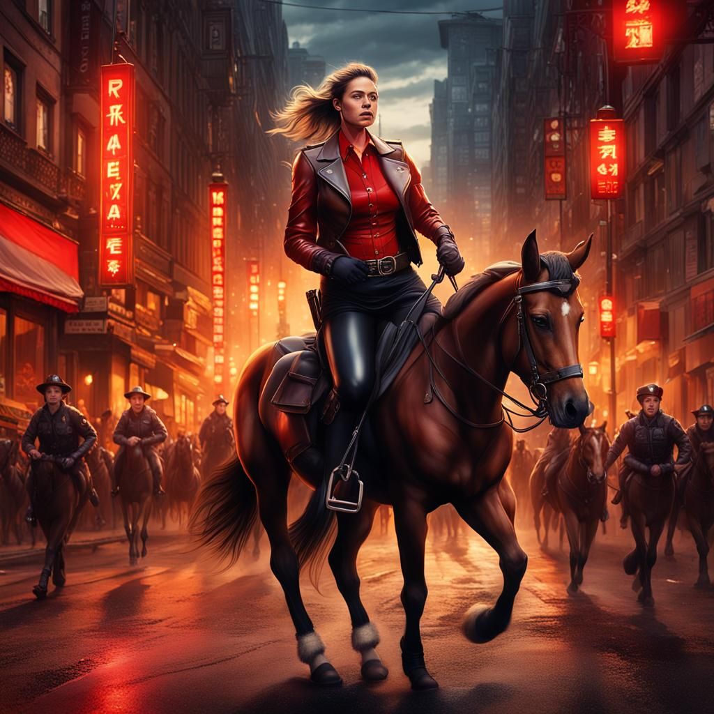 Strong Policewoman on Horseback in Fantasy Street Scene