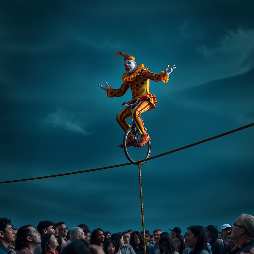 Clown on Tightrope: Hyper-Realistic Cinematic Art