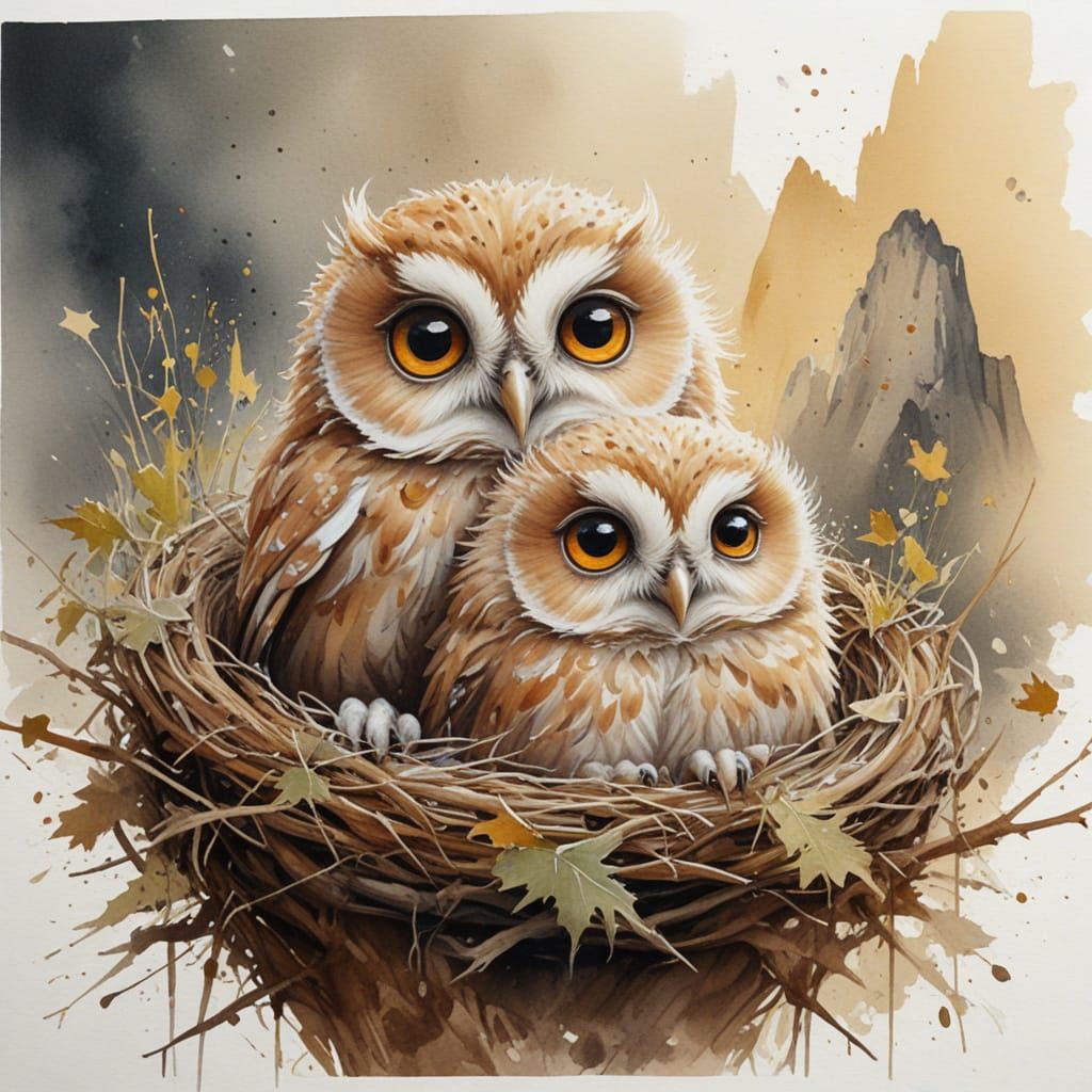Adorable Owlets in Nest with Wide-Eyed Gaze