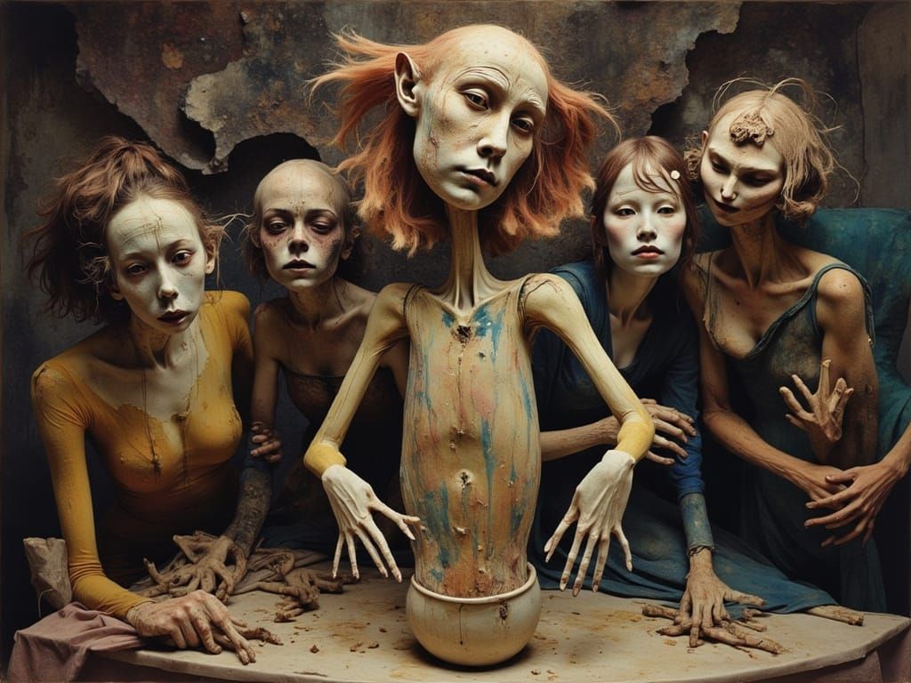 Surrealist Oil Painting of Madman Potters Creating Grotesque...