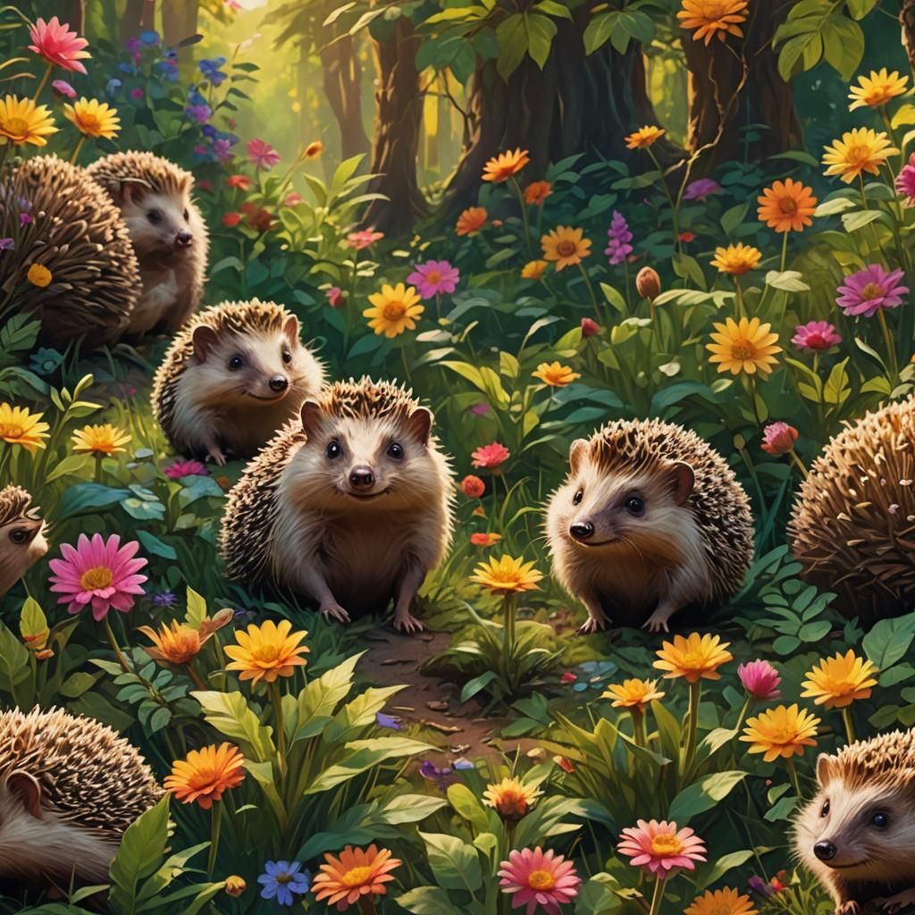 Happy Hedgehogs in a Lush Forest: Fauvist Expressionism