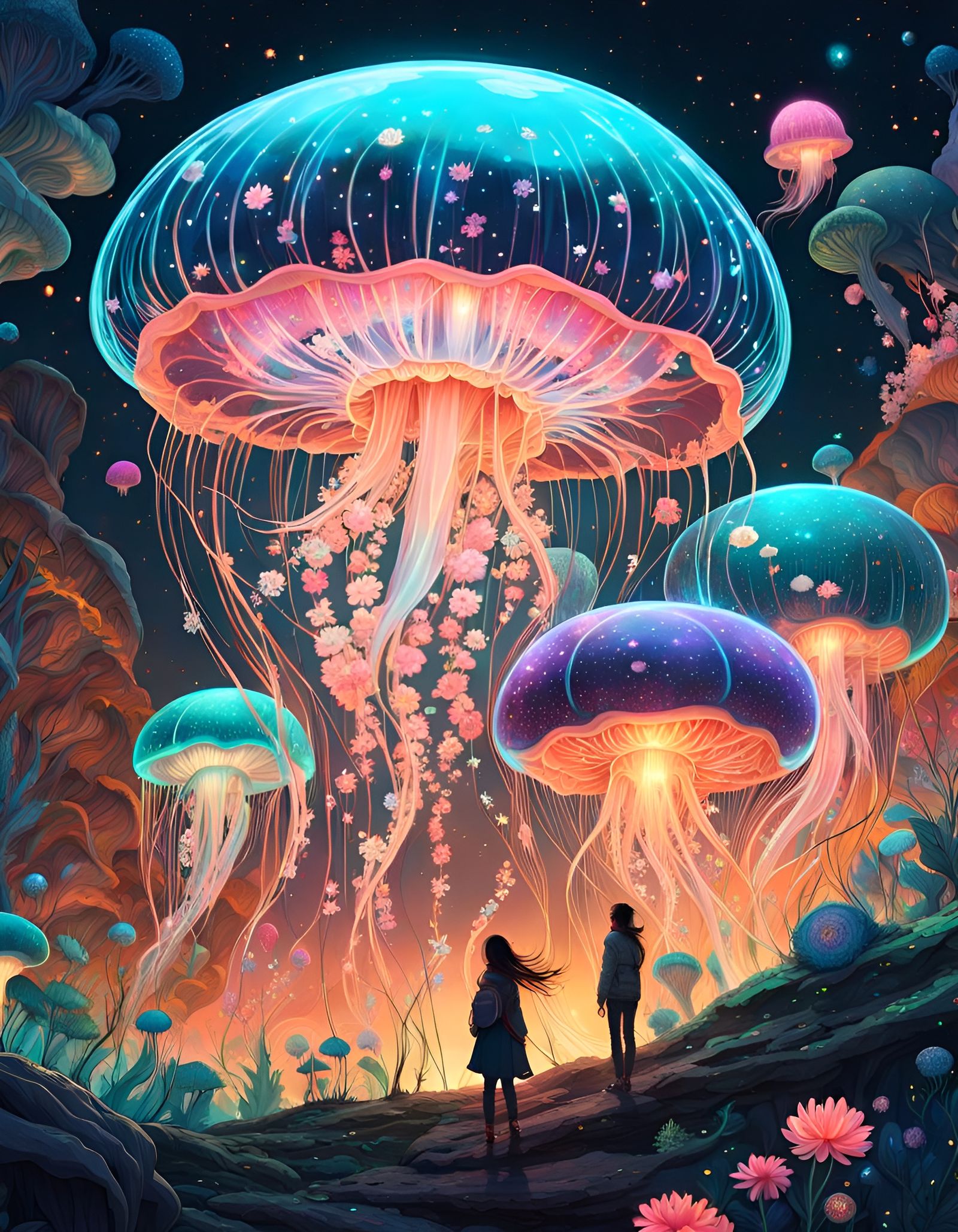 Bioluminescent Star Jellyfish Flower Explosion