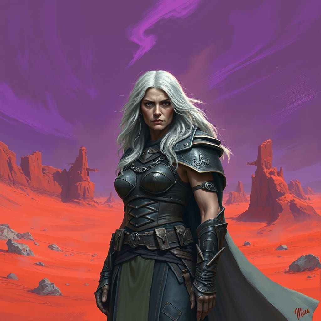 Heroic Amazon in Red Desert Landscape