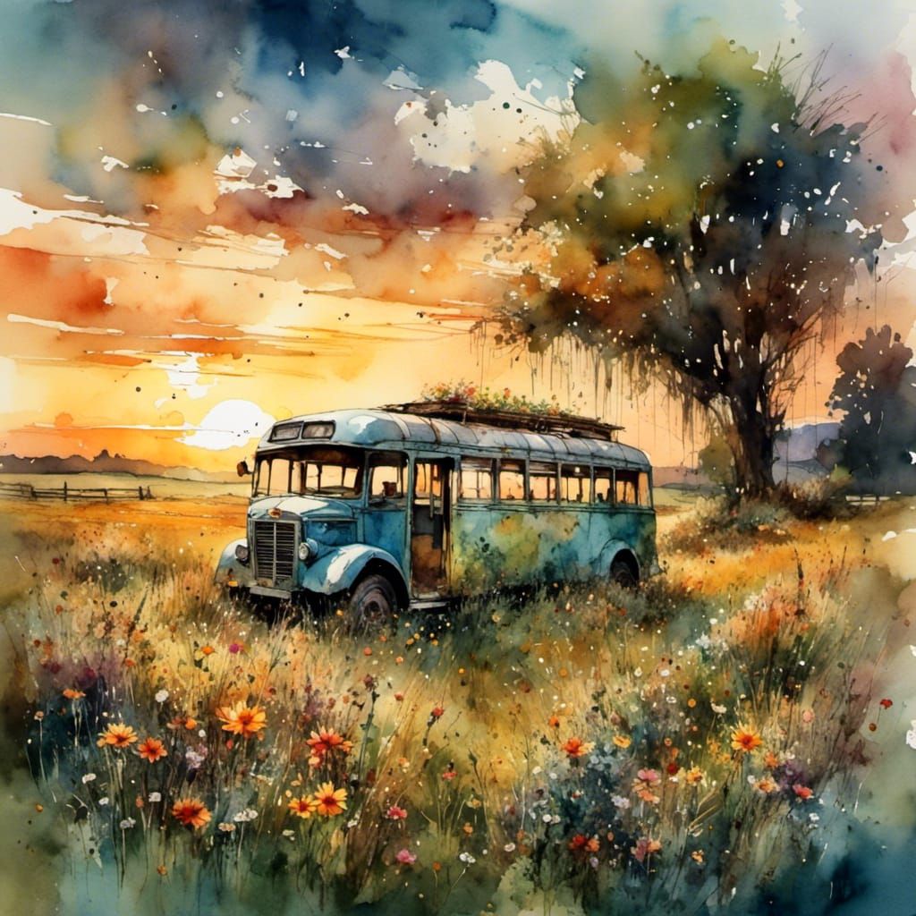 An  old Bus with flower graffiti design is standing besides a field in the country at sunset