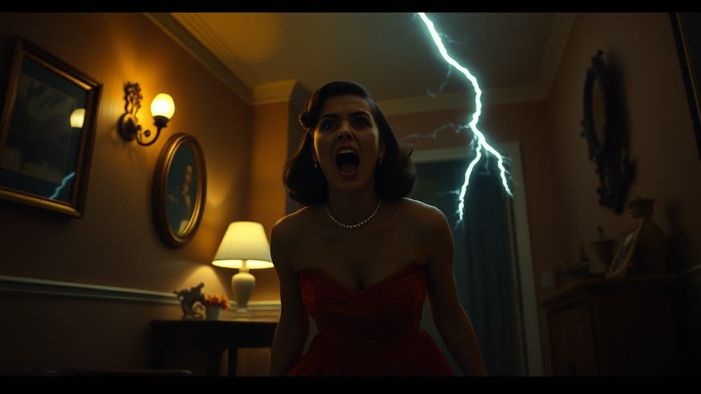 Terrified Woman in Noir Style Home