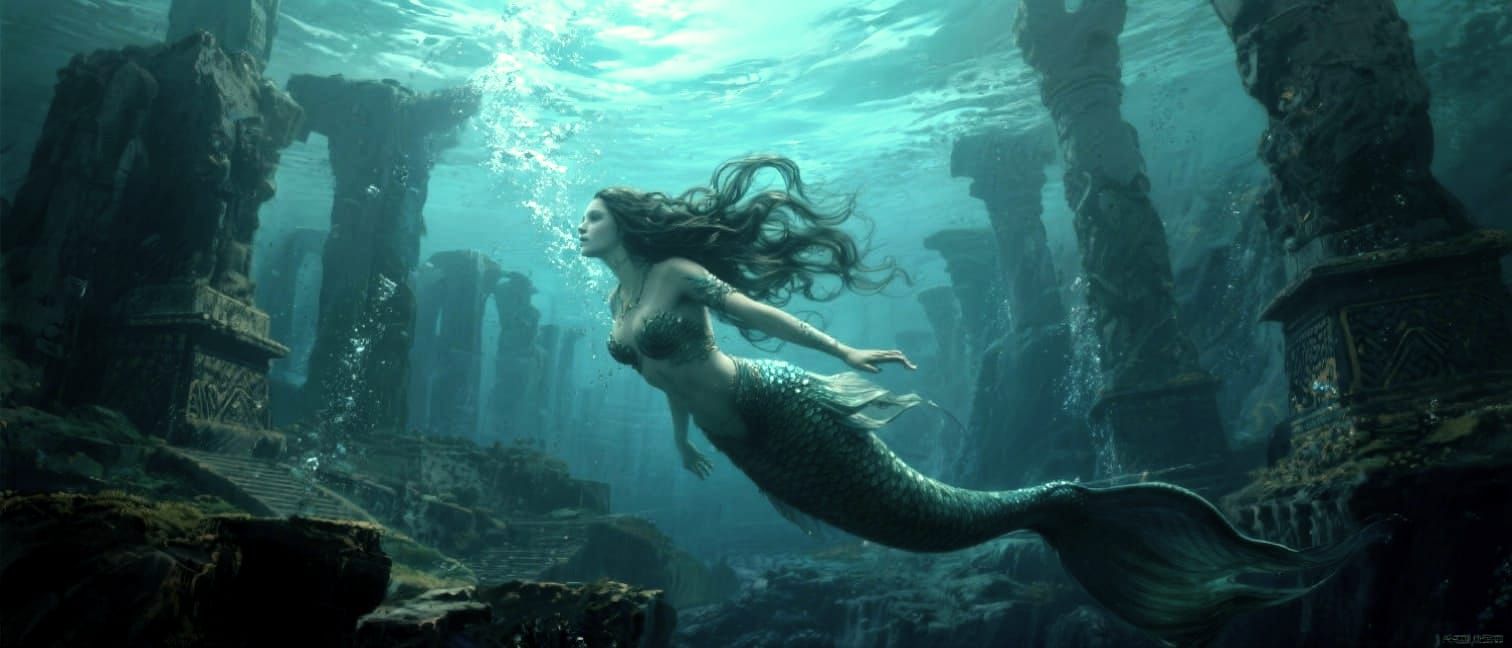 Mermaid Explores Tropical Atlantis Ruins Cinematic Film Stil...
