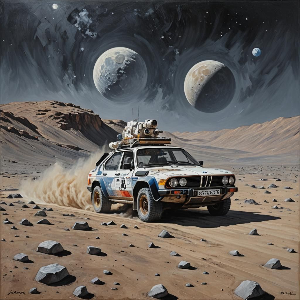 BMW Car on the Moon as Oil Painting