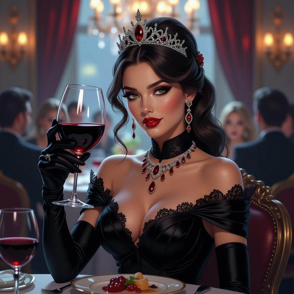 Villainous Princess at Gala with Red Wine
