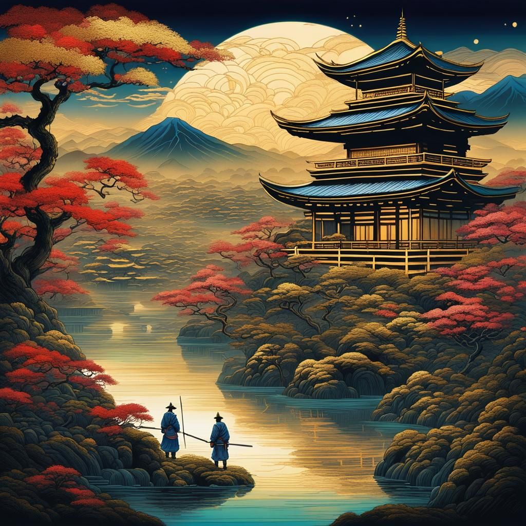 Geisha and Samurai in Traditional Japanese Landscape