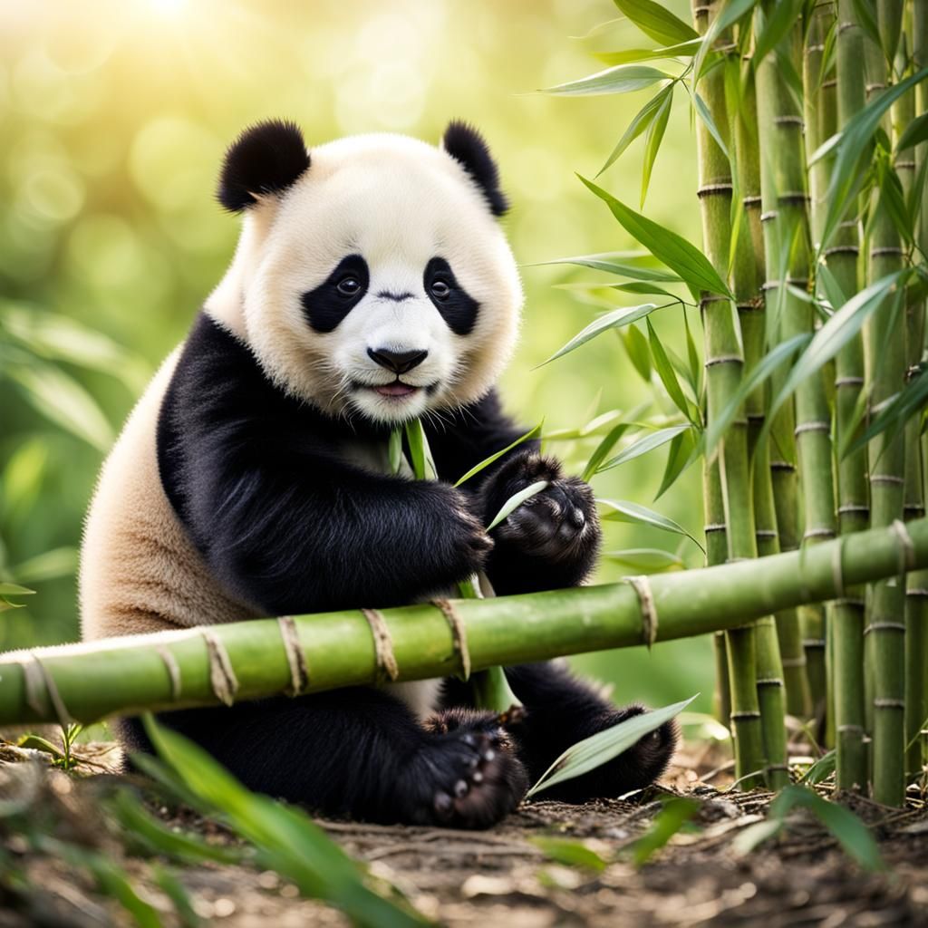 Heartwarming image of a cute baby panda with bamboo,.