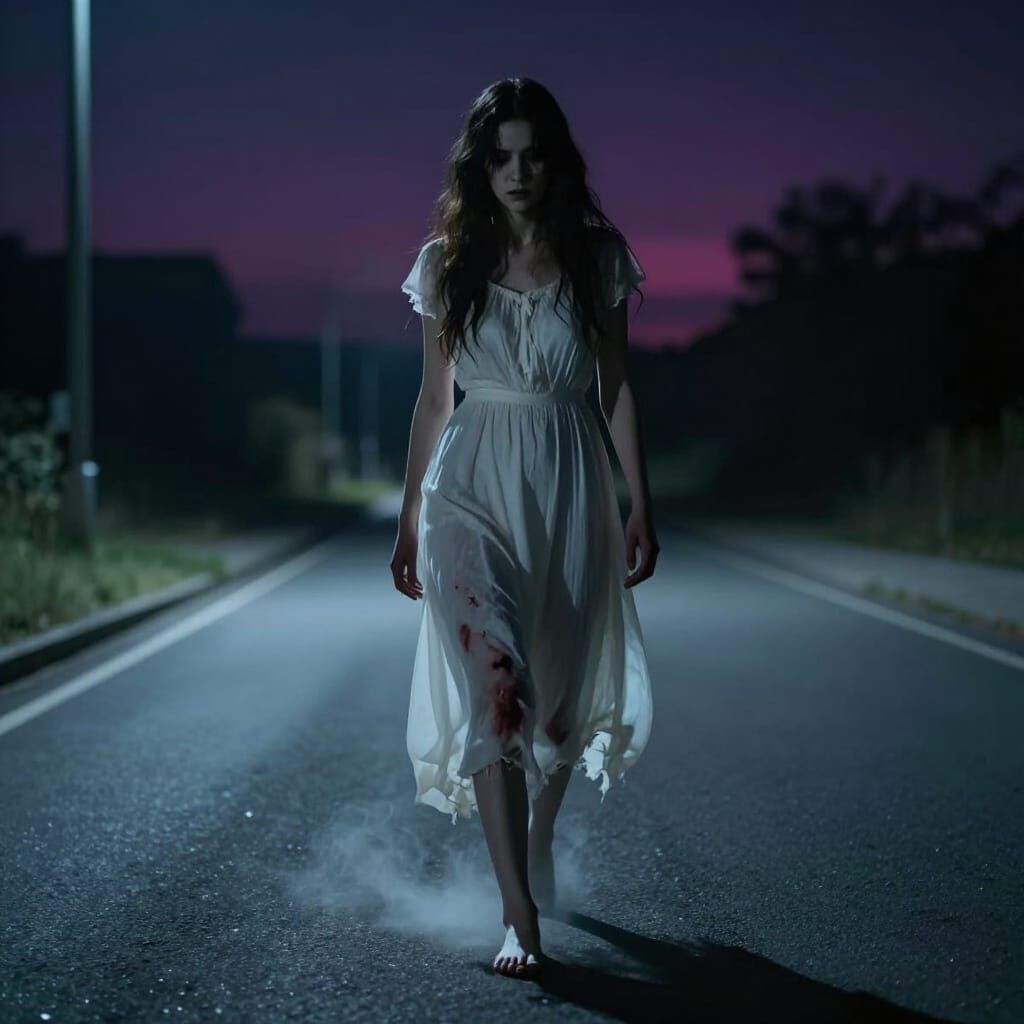 Ghostly Woman in White Dress on Night Road