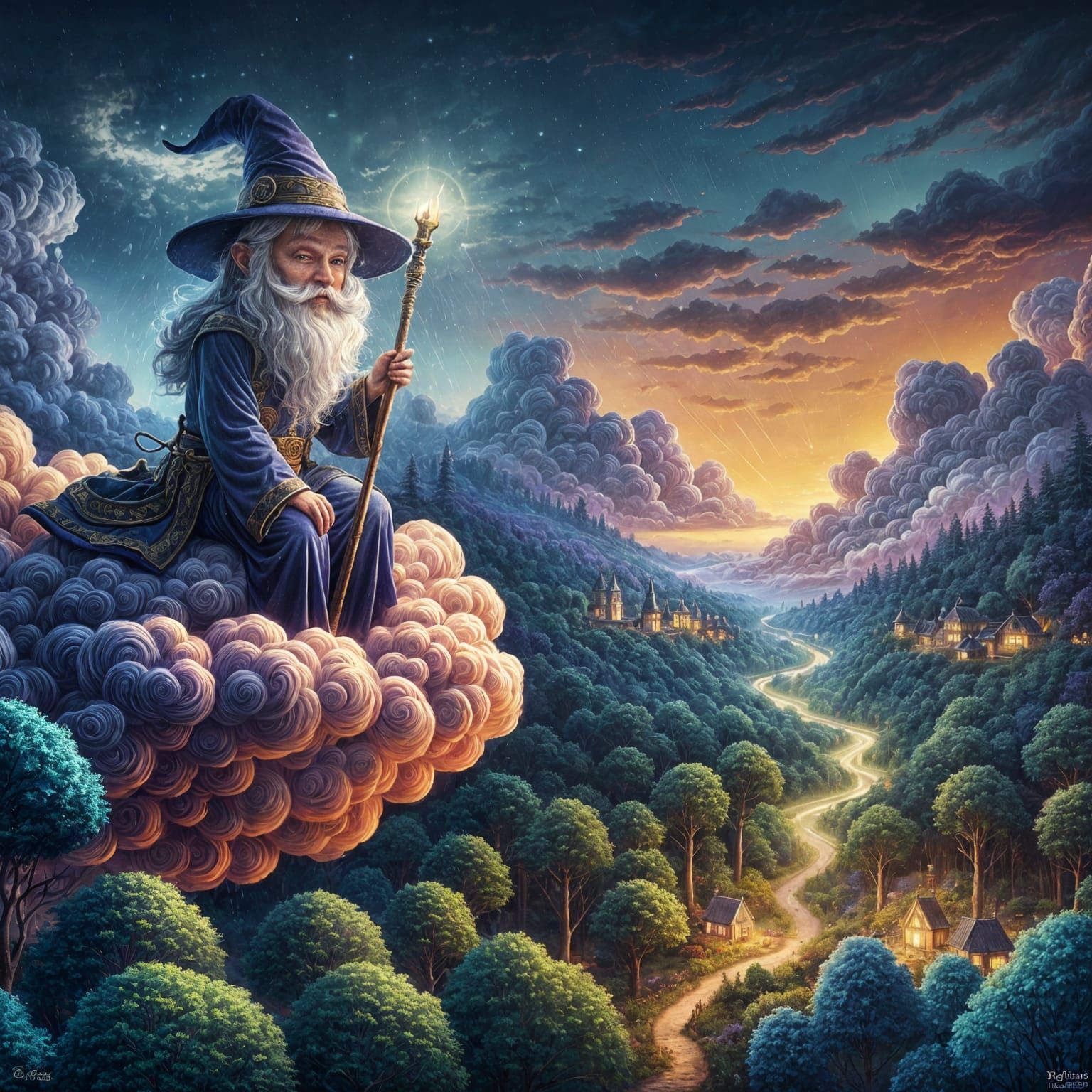Wizard on Cloud Above Mystic Forest at Dusk