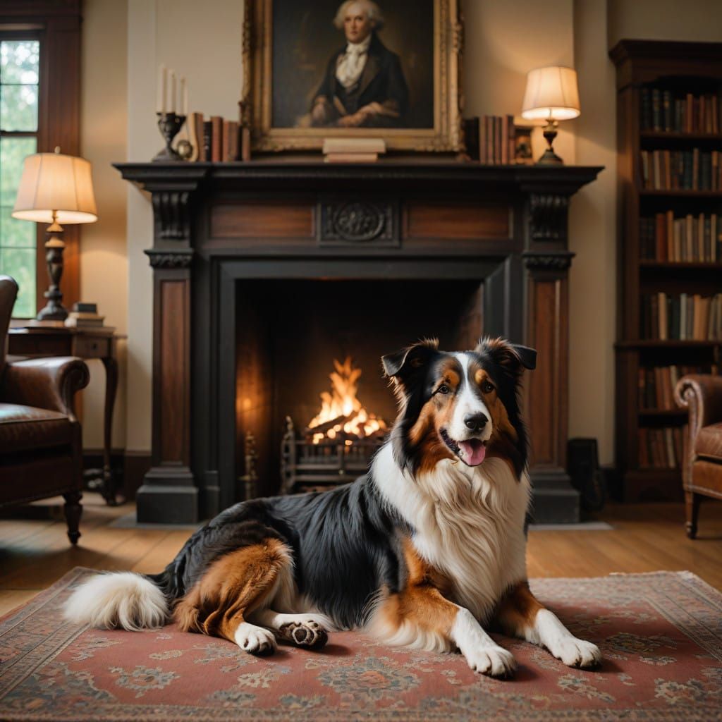 Cozy Old Library Room with Loyal Collie by the Fire