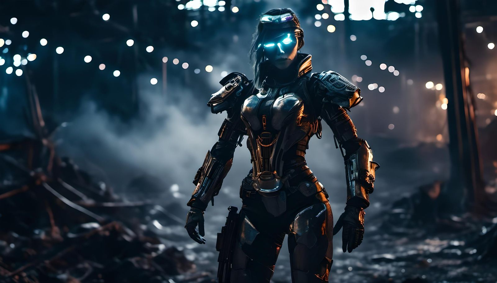 Cyborg in Trashpunk Wasteland at Night