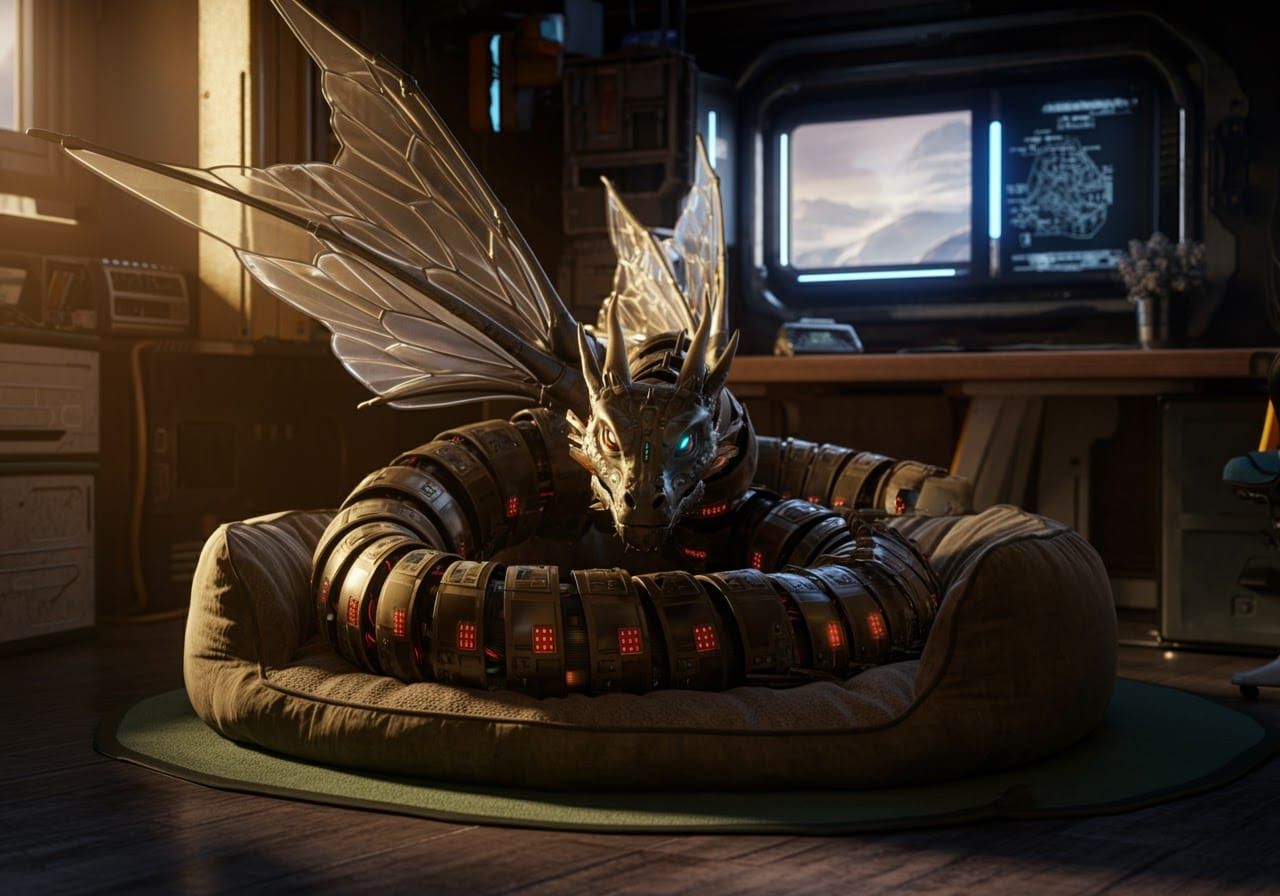 Mechanical Dragon Pet in Futuristic Room