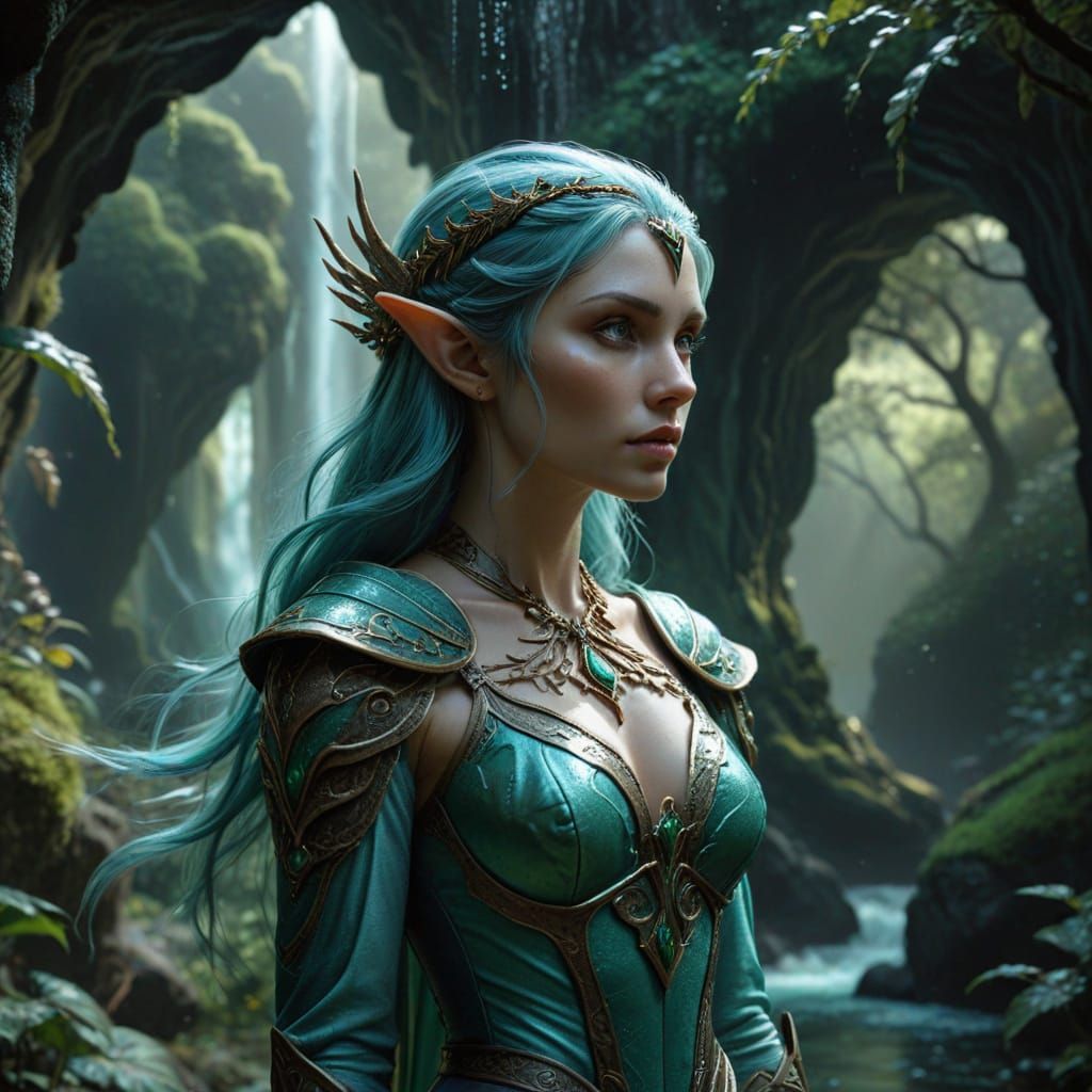 Elegant Elf Couple in Mossy Waterfall Cave