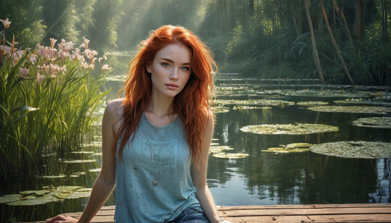 Young Woman with Fiery Red Hair on Dock