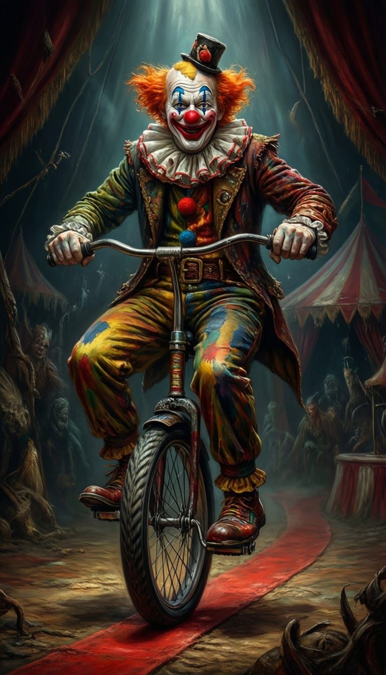 Funny Clown Rides Monocycle in Mysterious Circus
