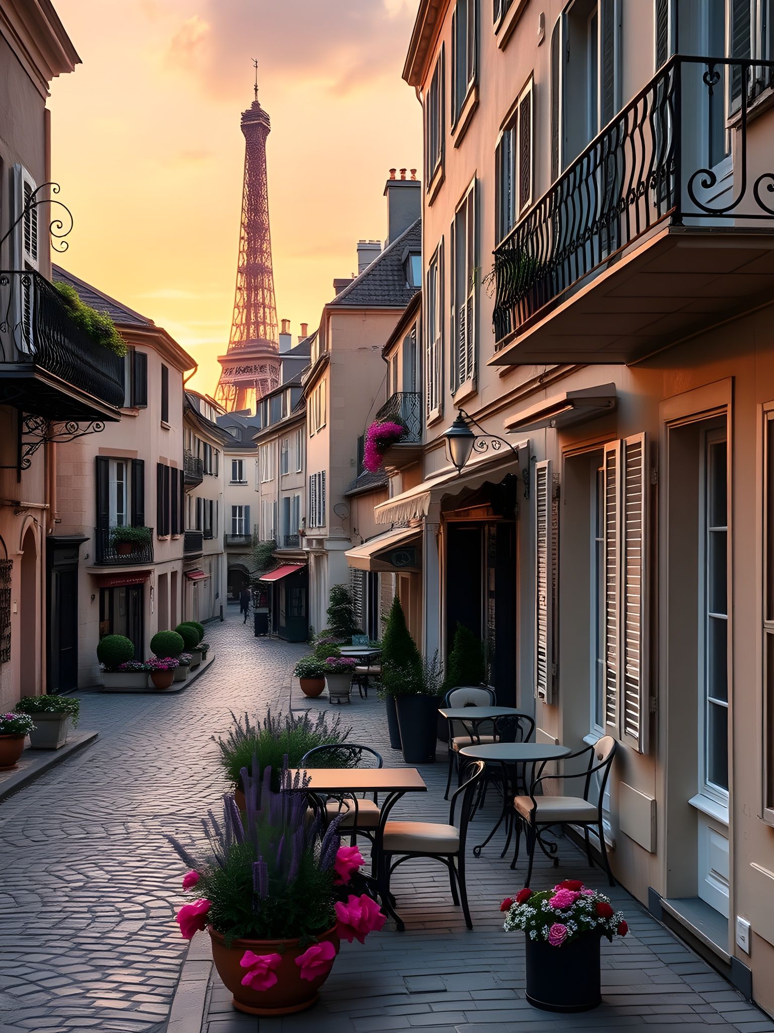 Eiffel Tower Silhouette Over Pastel French Street