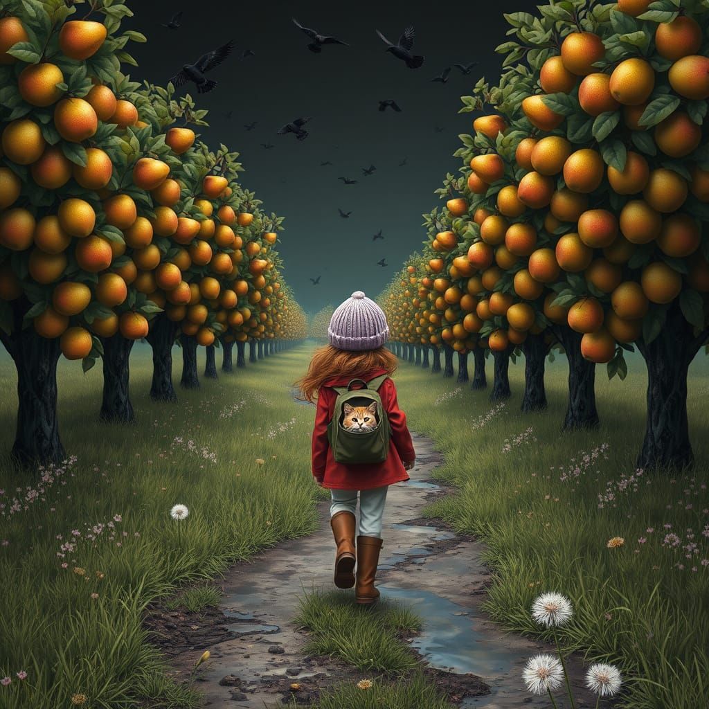 Girl with Cat Walks Pear Tree Path, Matte Painting