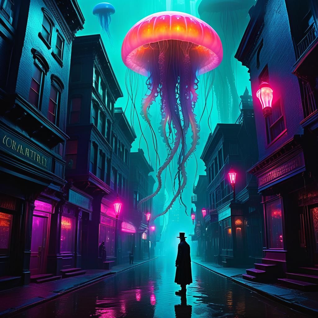 Lovecraftian Cityscape with Mysterious Figure in Mist