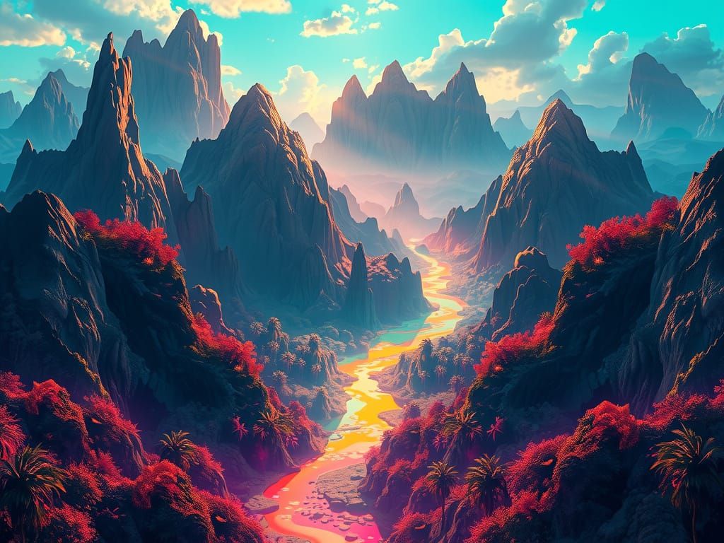 Surreal Tropical Landscape in Vibrant Hyper-Saturated Colors