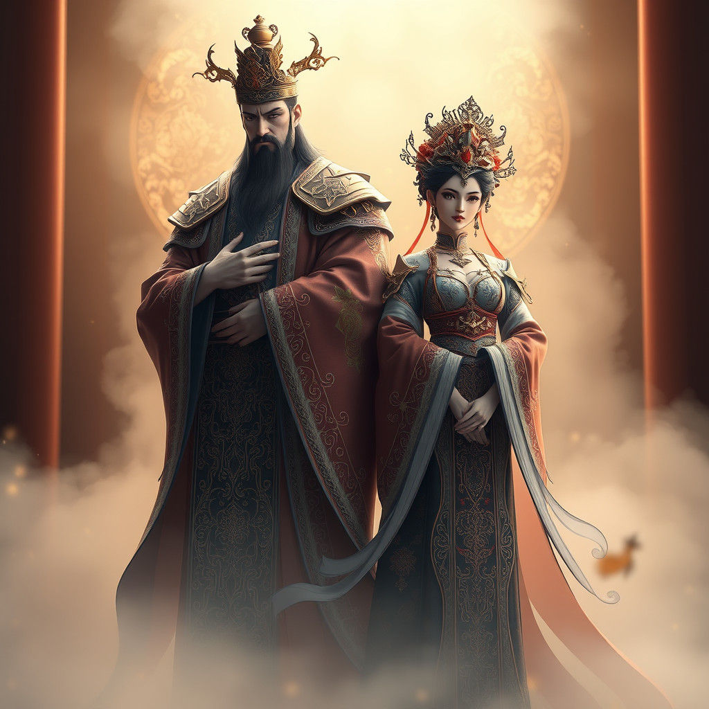 Regal Emperor and Empress in Ornate Attire