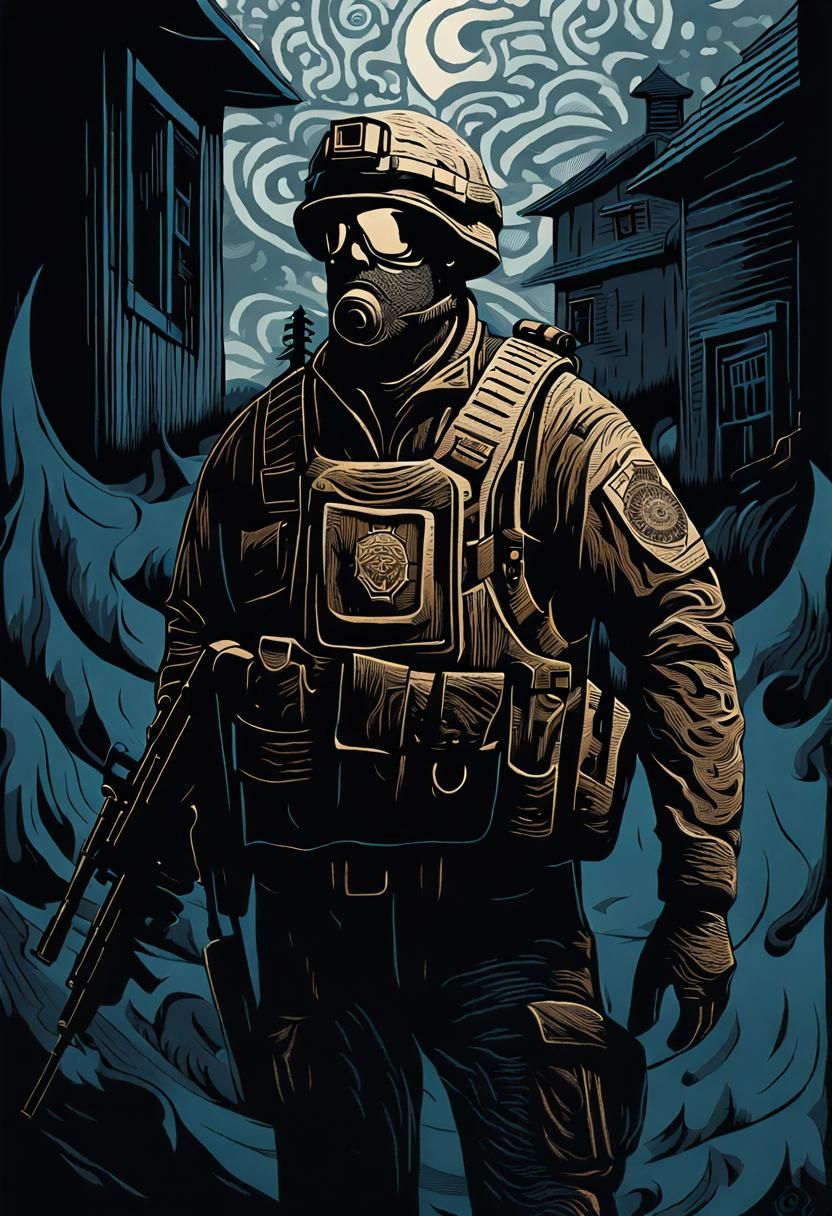 Disturbing Woodcut Print of Security Contractors in Rural To...