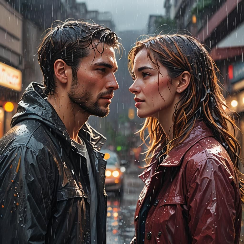 Passionate Couple in Rainy Embrace: Hyperrealistic Art