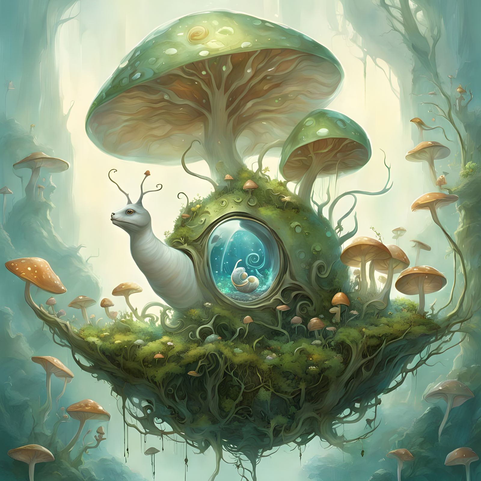 Surreal Snail with Glass Shell and Enchanted Mushroom Ecosys...