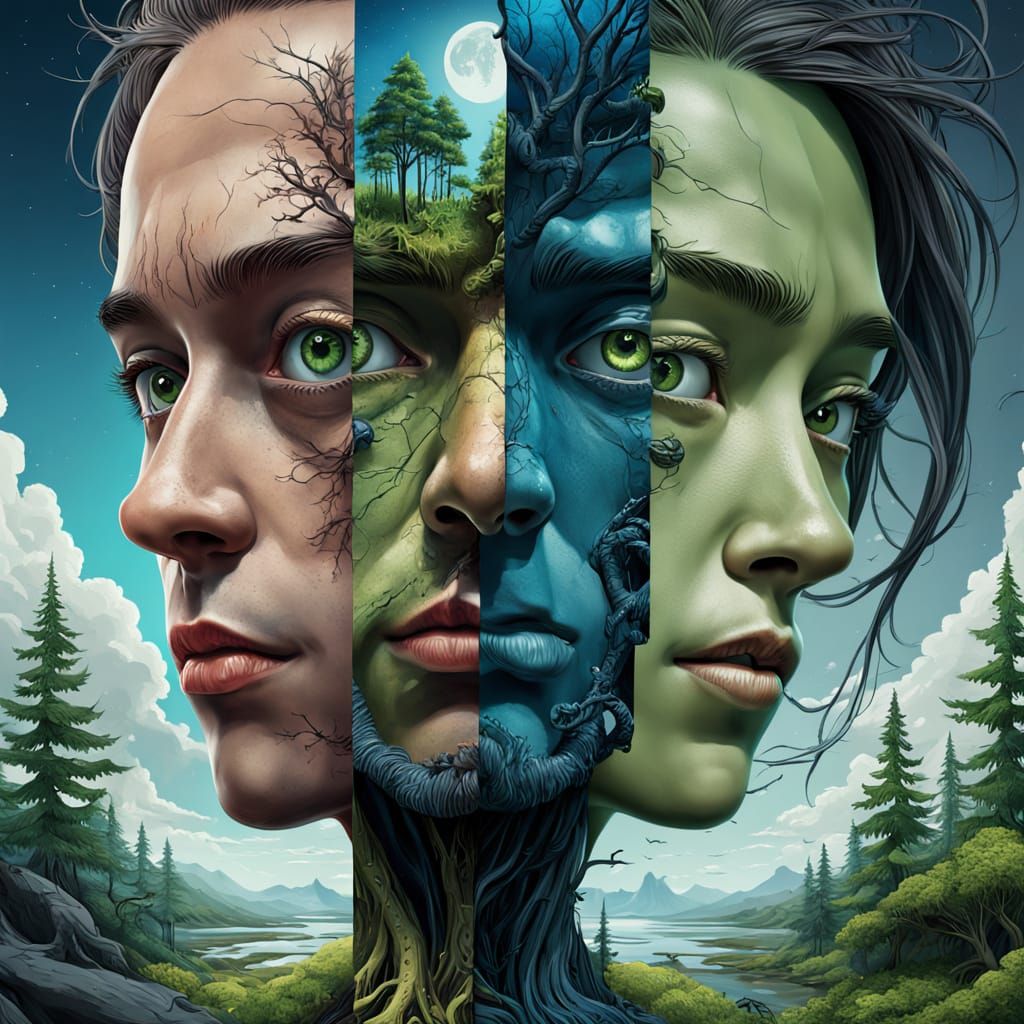 Surreal Split Face Portrait in Digital Art Style