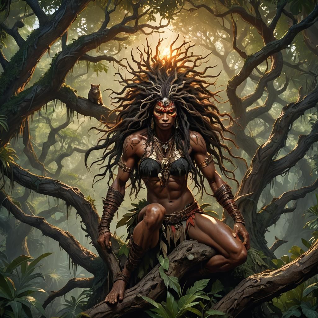 Fierce Jungle Woman with Wildcat, Detailed Fantasy Art