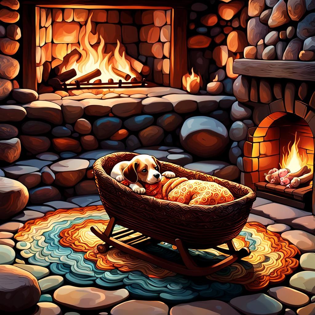 Fractal Art: Mother, Baby, Puppy by Fireplace