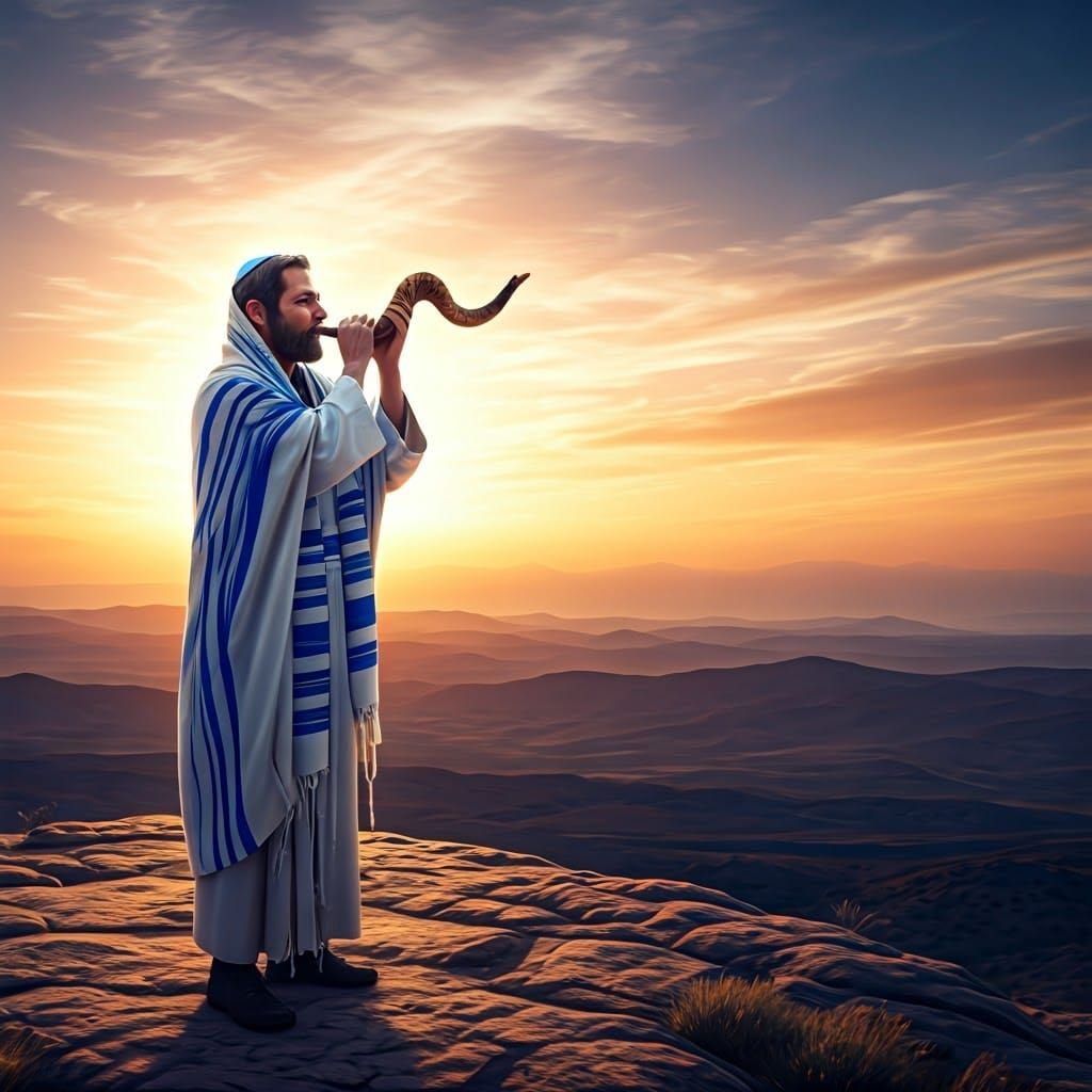 Man Blowing Shofar at Sunset in Matte Painting Style